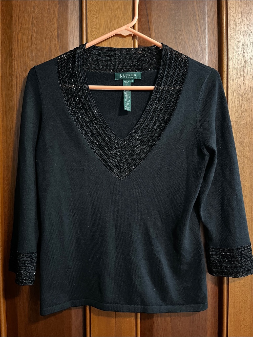Lauren Ralph Lauren Black V-Neck Sweater with Beaded Trim